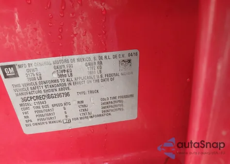 2016 Chevrolet Silverado 1500 1Lt из США, поврежденный, VIN 3GCPCREC5GG296796